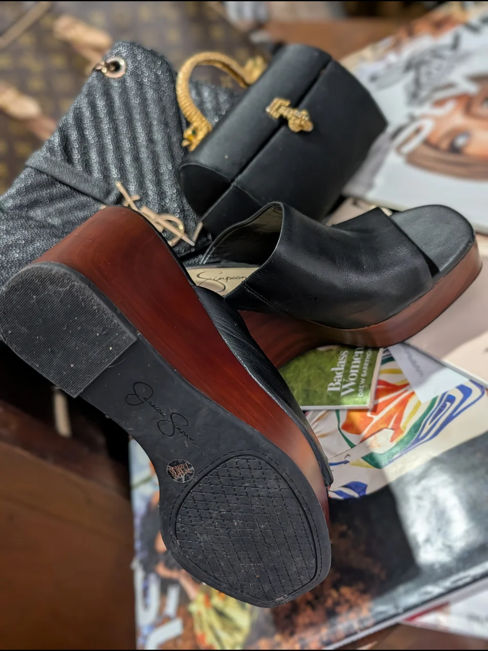 Jessica Simpson Black Leather Open-Toe Wedge Mules